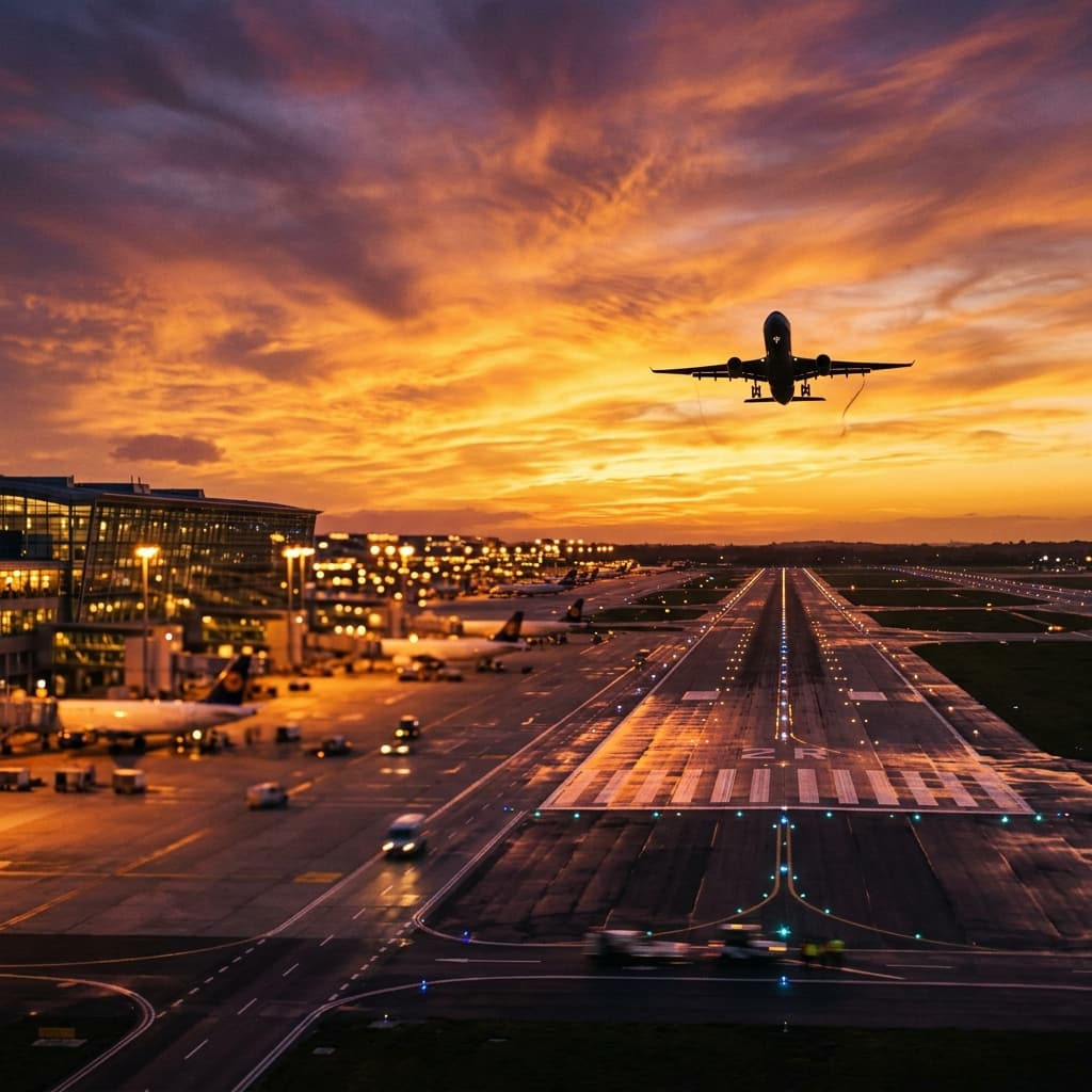 Airplane taking off at sunset